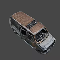 Abandoned Burnt Rusted Wrecked Van With Damaged Front And Flat Tires