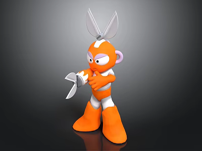 Cartoon Style Orange Anthropomorphic Creature With Scissors Shaped Ears Holding Scissors 3d model