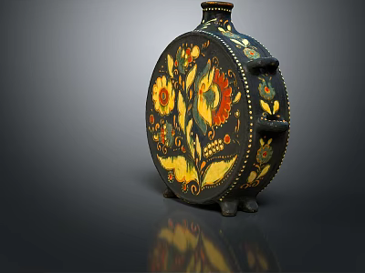 Decorative Hand Painted Floral Pattern Ceramic Bottle with Black Base and Gold Accents 3d model