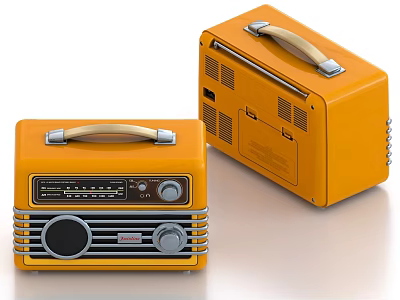 Yellow Vintage Portable Radio with Wooden Handle as Household Electrical Appliance 3d model