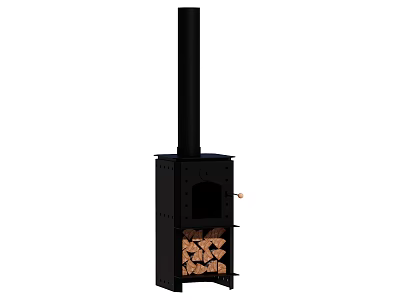 Black Metal Fireplace With Tall Chimney And Firewood Storage Compartment 3d model
