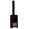 Black Metal Fireplace With Tall Chimney And Firewood Storage Compartment
