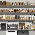 Commercial Kitchen Equipment With Coffee Machine Containers And Utensils On Shelves