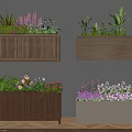 Hanging And Floor Wooden Flower Boxes With Colorful Flowers And Green Plants