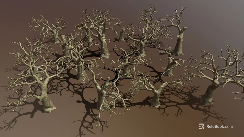 Dry Leafless Trees in Natural Forest Landscape with Shadowy Trunks and Branches 3d model 