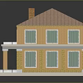 Two Story Yellow Building Model With Red Tiled Roof Balcony Porch Columns And Windows