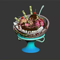 Delicious Ice Cream Sundae in Glass Bowl with Blue Base Chocolate Sauce and Cherries