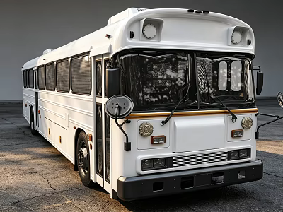 White Classic Bus With Front Headlights And Side Windows On Paved Ground 3d model