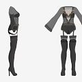 Elegant Black Outfit With Gold Accents Long Sleeves Thigh High Stockings And High Heels
