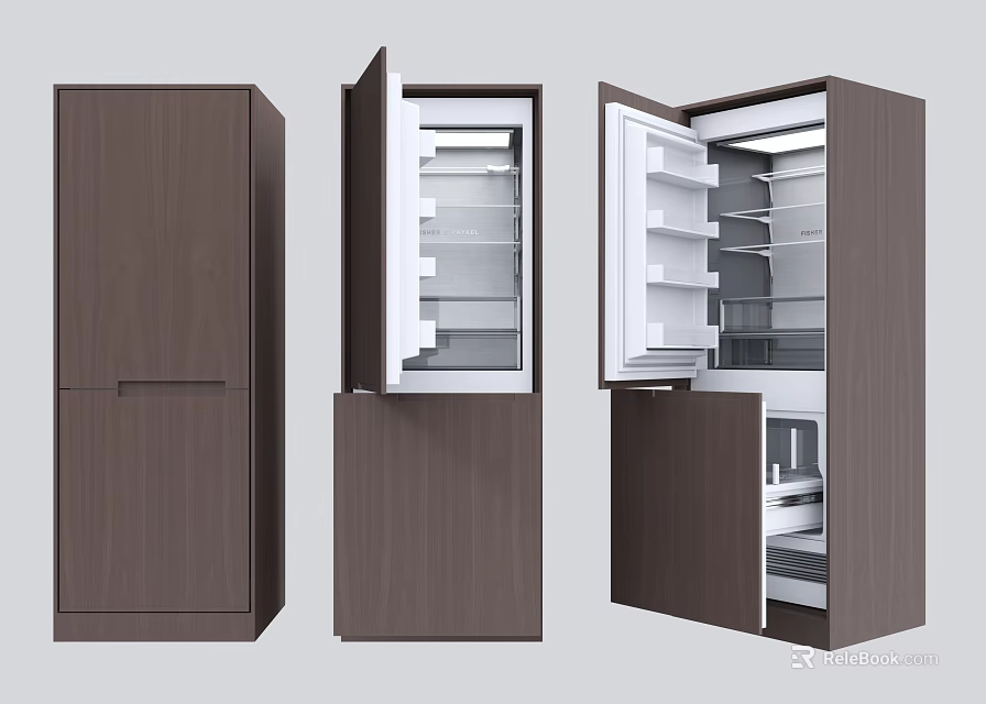 Modern Refrigerator Freezer Units Featuring Dark Wood Finish Open Doors And Internal Shelves 3d model 