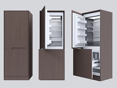 Modern Refrigerator Freezer Units Featuring Dark Wood Finish Open Doors And Internal Shelves 3d model