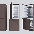 Modern Refrigerator Freezer Units Featuring Dark Wood Finish Open Doors And Internal Shelves