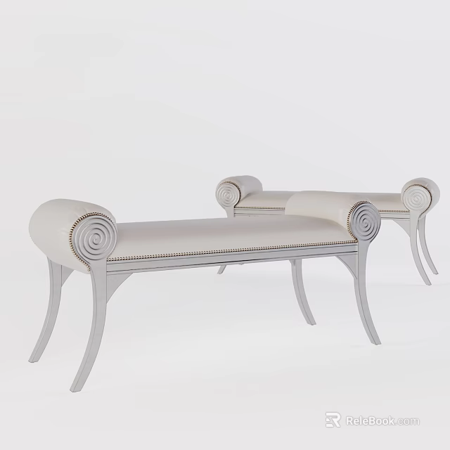 Pair of Elegant Upholstered Ottoman Footstools With Scroll Armrests And Wooden Legs 3d model 