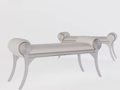 Pair of Elegant Upholstered Ottoman Footstools With Scroll Armrests And Wooden Legs 3d model