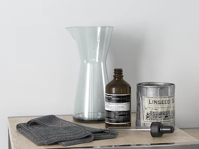 Stylish Decorative Ornament Set with Glass Vase Brown Bottle Linseed Can and Gray Cloth on Tray 3d model