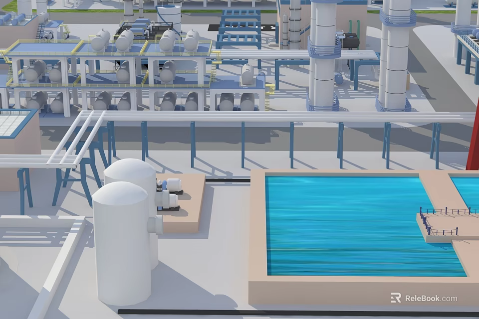 Modern Industrial Plant Facility With Steel Pipes Storage Tanks And Water Treatment Pool 3d model 