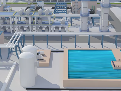Modern Industrial Plant Facility With Steel Pipes Storage Tanks And Water Treatment Pool 3d model