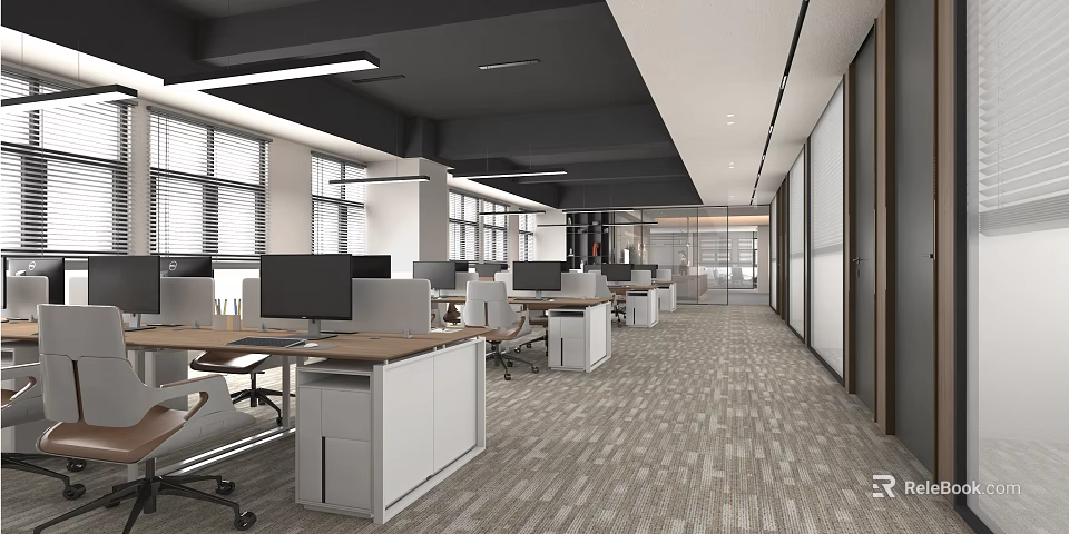 Modern Public Office Space With Workstations Computer Monitors Office Chairs And Natural Light 3d model 
