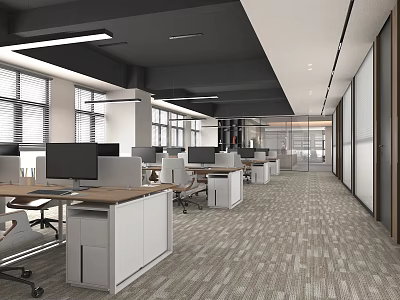 Modern Public Office Space With Workstations Computer Monitors Office Chairs And Natural Light 3d model