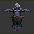 Muscular Blue Skinned Character with White Hair Red Necklace Braided Belt Green Pants Outstretched Arms