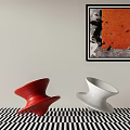Red And White Conical Objects On Black White Checkered Table With Orange Black Wall Art 3d model