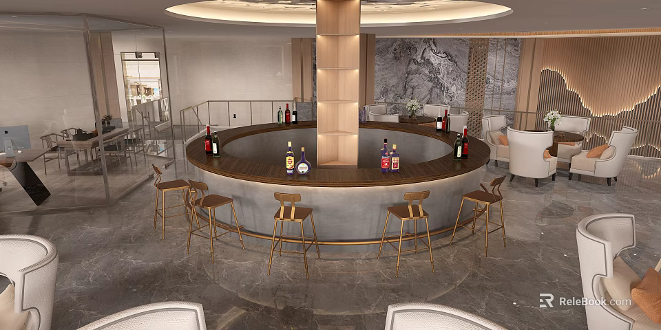 Hotel Lobby Modern Design With Round Bar Wine Bottles And Gold Bar Stools 3d model 