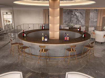 Hotel Lobby Modern Design With Round Bar Wine Bottles And Gold Bar Stools 3d model
