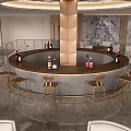 Hotel Lobby Modern Design With Round Bar Wine Bottles And Gold Bar Stools
