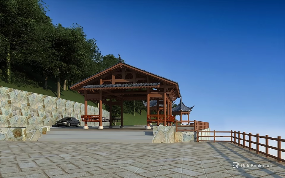 Traditional Wooden Landscape Pavilion With Red Columns Stone Wall Green Trees And Stone Pavement 3d model 