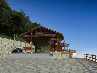 Traditional Wooden Landscape Pavilion With Red Columns Stone Wall Green Trees And Stone Pavement 3d model