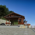 Traditional Wooden Landscape Pavilion With Red Columns Stone Wall Green Trees And Stone Pavement