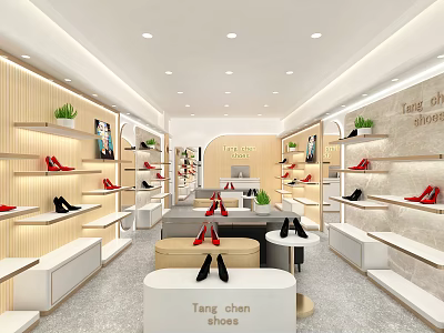 Modern Tang Chen Shoe Store With Wooden Shelves Red Black Shoes And Green Plants 3d model