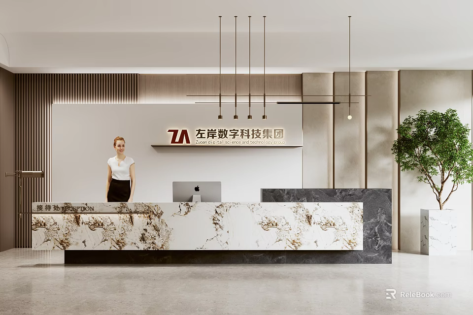 Modern Reception Desk With Female Receptionist Marble Countertop Company Logo Hanging Lights And Green Plant 3d model 