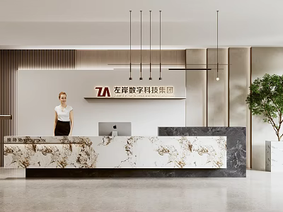 Modern Reception Desk With Female Receptionist Marble Countertop Company Logo Hanging Lights And Green Plant 3d model