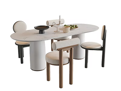 Oval White Dining Table Set With Four Chairs Light Seats And Fruit Bowl Wine Glass 3d model