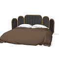 Modern Double Bed With Woven Headboard And Brown Bedspread White Pillows 3d model