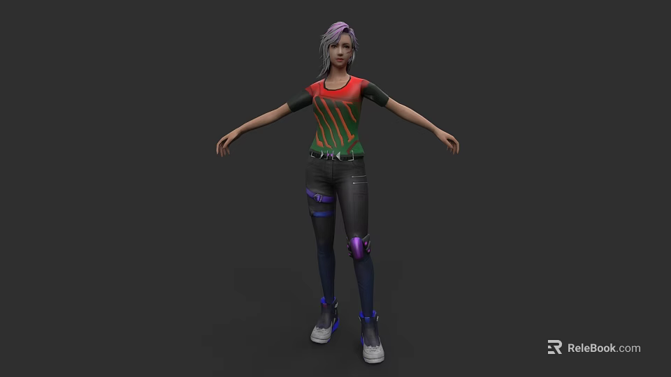 Woman with purple hair wearing red green T-shirt black pants purple knee pads blue shoes 3d model 