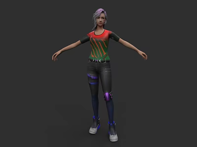Woman with purple hair wearing red green T-shirt black pants purple knee pads blue shoes 3d model