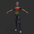 Woman with purple hair wearing red green T-shirt black pants purple knee pads blue shoes
