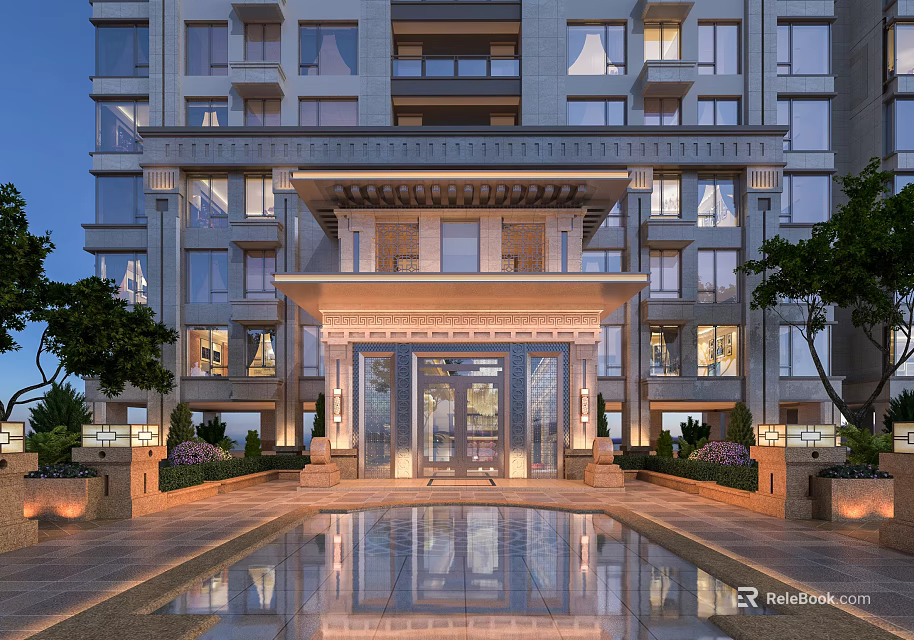 Modern Residential Entrance Facade With Lighting Symmetrical Design And Water Feature 3d model 