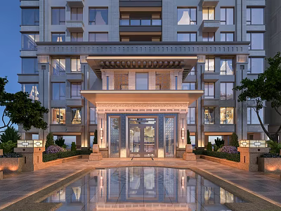 Modern Residential Entrance Facade With Lighting Symmetrical Design And Water Feature 3d model