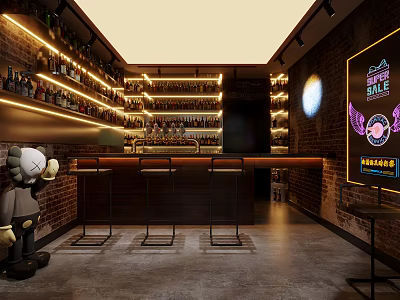 Chic Bar Interior with Brick Walls Wine Racks Neon Signs Sculpture Bar Counter High Stools 3d model