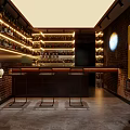 Chic Bar Interior with Brick Walls Wine Racks Neon Signs Sculpture Bar Counter High Stools