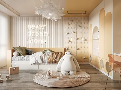 Cozy Kids Room with Never Grow Up Wall Art Big White Doll and Round Rug 3d model
