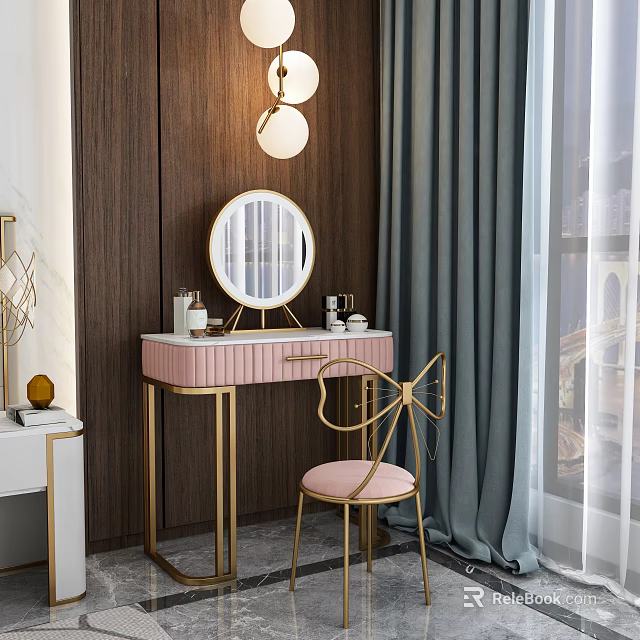 Elegant Modern Dressing Table Interior With Round Mirror Pink Countertop Gold Frame And Pink Chair 3d model 