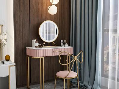 Elegant Modern Dressing Table Interior With Round Mirror Pink Countertop Gold Frame And Pink Chair 3d model