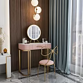 Elegant Modern Dressing Table Interior With Round Mirror Pink Countertop Gold Frame And Pink Chair