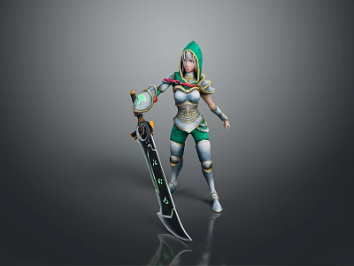 Woman In Green Armor With Glowing Sword And Hood Standing Pose 3d model