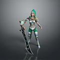 Woman In Green Armor With Glowing Sword And Hood Standing Pose