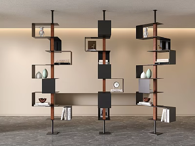 Modern Geometric Bookshelf With Multiple Shelves Black Brown Decorative Items And Books 3d model